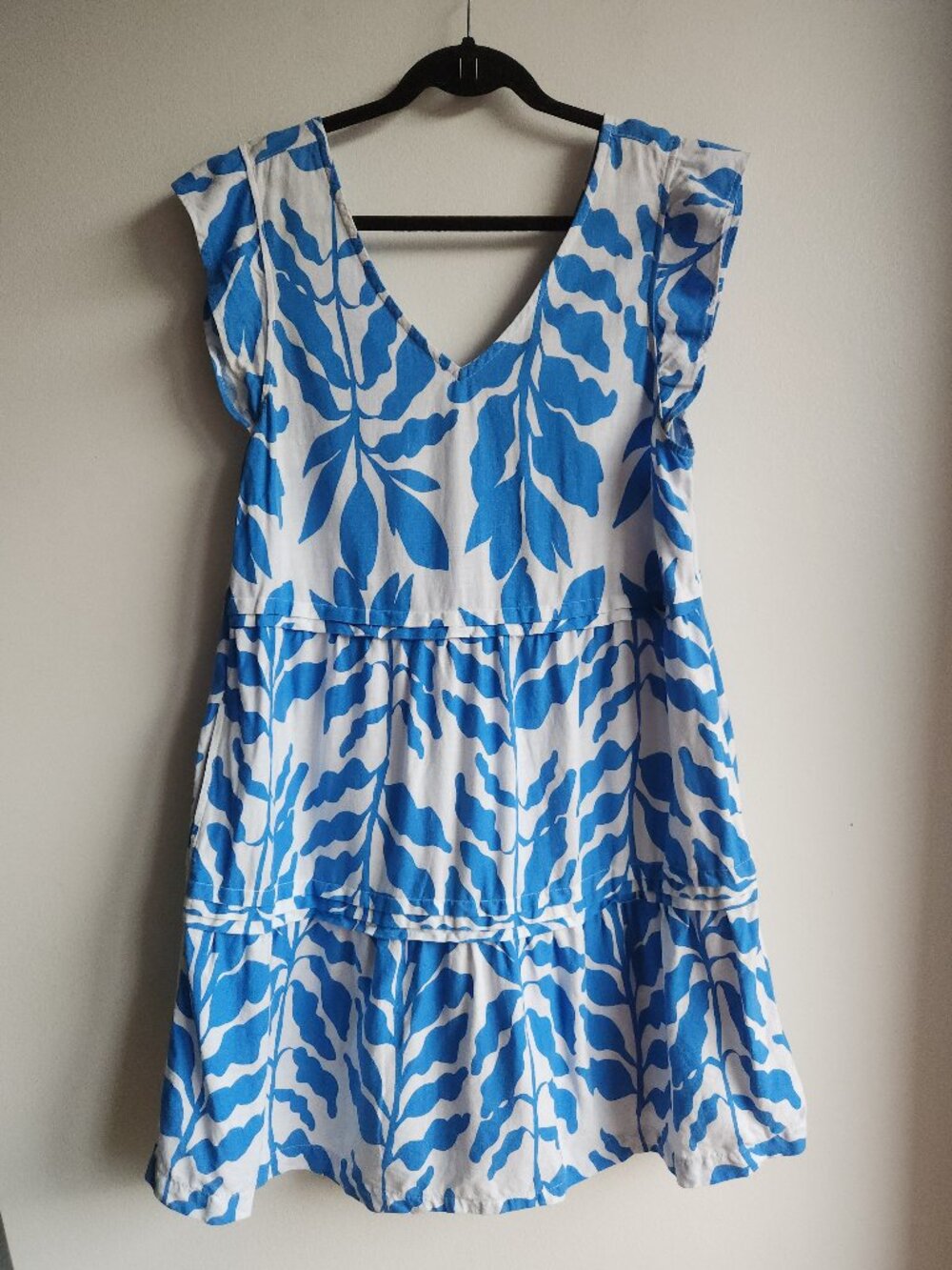Rachel Zoe Blue & White Tiered Botanical Linen Midi Dress - Sz L